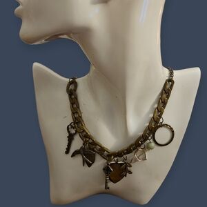 Vintage Bronze Heart Key Bird Leaves Charm Boho Chain Necklace